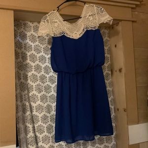 Blue lace shoulder knee length dress